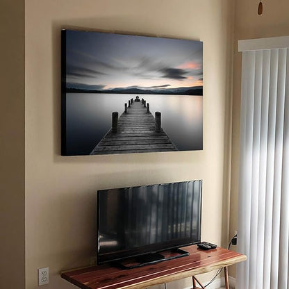 Pier Artwork Canvas Wall Art: Vintage Lake Dock Picture Painting Print for Living Room (45'' x 30'' x 1 Panel)