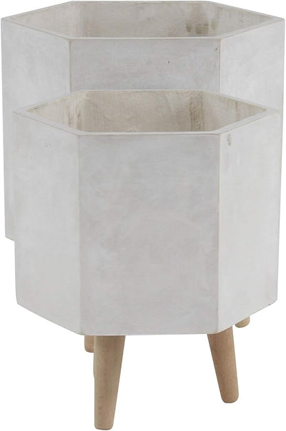 CosmoLiving by Cosmopolitan Magnesium Oxide Geometric Indoor Outdoor Planter Hexagon Large Planter Pot with Brown Wooden Legs, Set of 2 Planters 15", 17"H, White