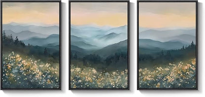 Framed Mountain Landscape Wall Art for Living Room, Large Watercolor Wildflower Scenic Artwork for Walls, 3 Piece Boho Foggy Nature Aesthetic Canvas Painting Print for Bedroom Office Kitchen, 24x36 In