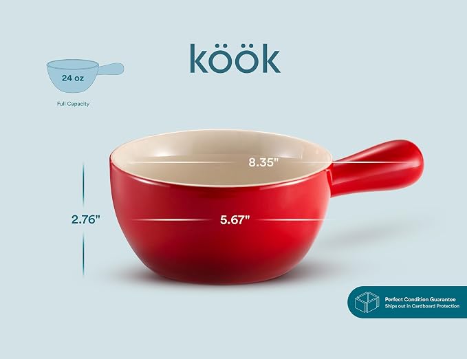 Kook French Onion Soup Crocks, Stackable Ceramic Bowls with Handles, Oven, Microwave and Dishwasher Safe, for Cereal, Soups, Casseroles, with Handle, Stoneware, 24 oz, Set of 4, Crimson Ombre
