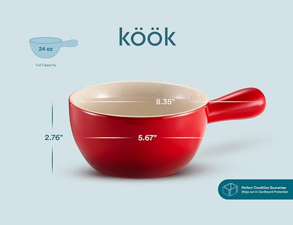 Kook French Onion Soup Crocks, Stackable Ceramic Bowls with Handles, Oven, Microwave and Dishwasher Safe, for Cereal, Soups, Casseroles, with Handle, Stoneware, 24 oz, Set of 4, Crimson Ombre