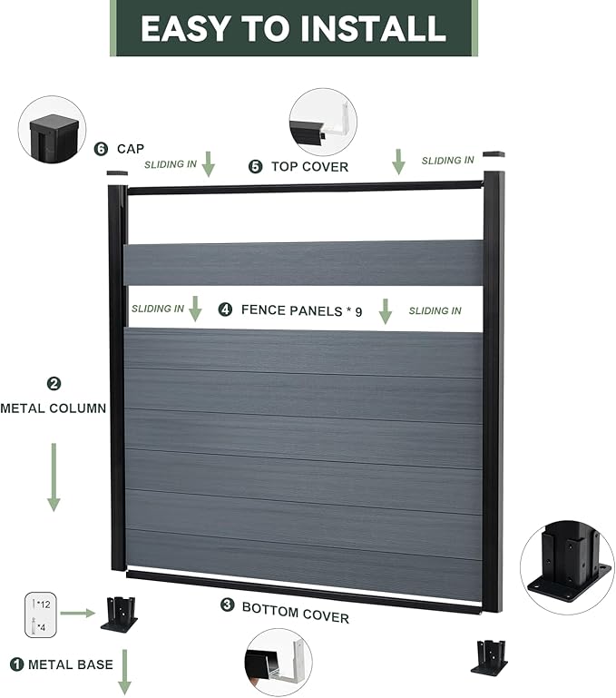 Mondaria Privacy Fence Panels for Outside,6ft(W) x 6ft(H) Outdoor Privacy Panels with 2 Posts,Wind Resistant Wood Plastic Composite Fencing Panels for Patio,Backyard,Garden and Swimming Pool(Grey)