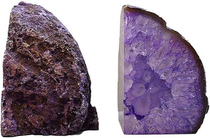 JIC Gem Book Ends for Shelves Dyed Purple Agate Bookends Natural Geode Brazilian Rock Stone Book Ends Decorative with Rubber Bumpers Small Size(1 Pair, 2-3 LBS)