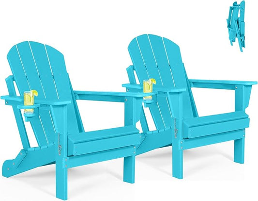 Folding Adirondack Chairs Set of 2- Plastic Adirondack Chairs with Cup Holder, Weather Resistant for Outdoor, Patio, Lawn, Garden, Backyard Deck, Fire Pit - Turquoise