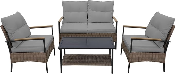 Sunset Escape Wicker Outdoor Furniture, Modern Sofa and Chair Set of 4, Rattan Patio Conversation Set, 2 Patio Chairs, Loveseat and Coffee Table, Brown/Gray