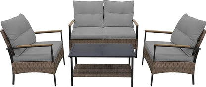 Sunset Escape Wicker Outdoor Furniture, Modern Sofa and Chair Set of 4, Rattan Patio Conversation Set, 2 Patio Chairs, Loveseat and Coffee Table, Brown/Gray