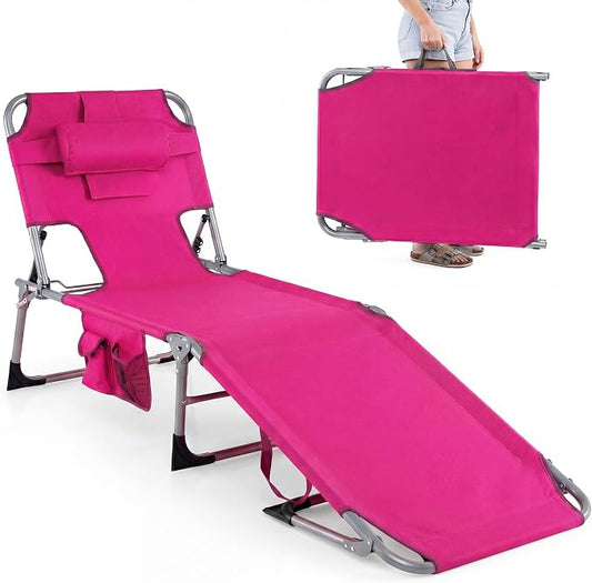 GYMAX Tanning Chair with Face Hole, Sun Bathing Lounge Chairs for Outside with Side Pocket, Folding Portable Face Down Layout Tanning Chair Beach, Backyard, Poolside, Lawn (Pink,1)
