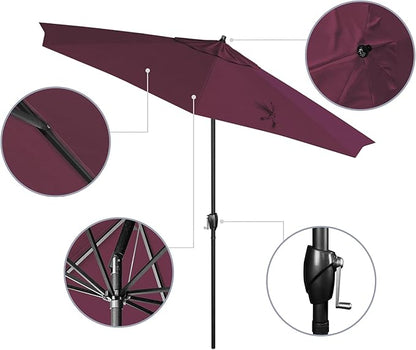 California Umbrella 9' Rd Aluminum Patio Umbrella, Crank Lift, Auto Tilt, Black Finish, 4yr Fade Warranty, Purple