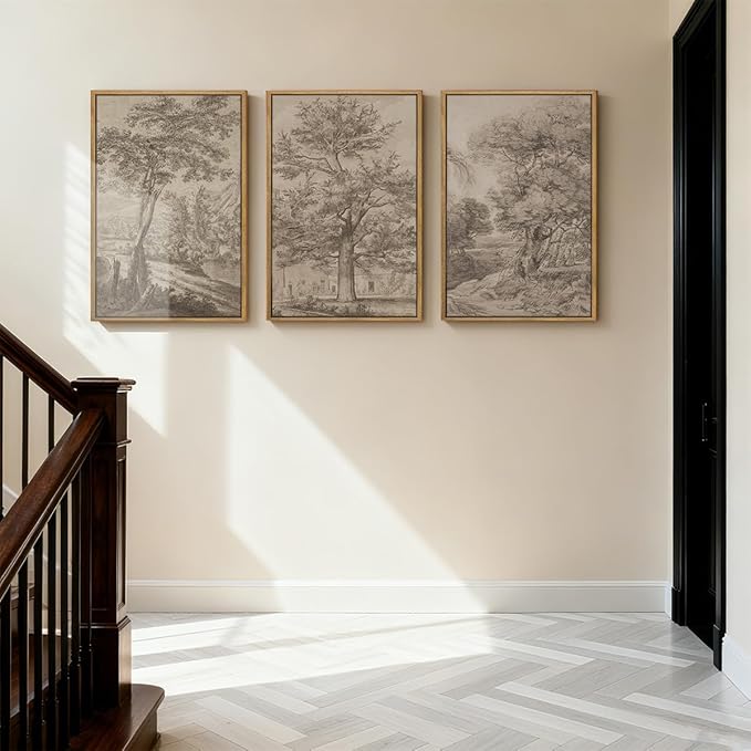Anyzal Large Vintage Tree Sketchbook Wall Art 16x24 Inch Framed Neutral Forest Landscape Minimalist Woodsy Artwork for Living Room Bedroom Office Set of 3