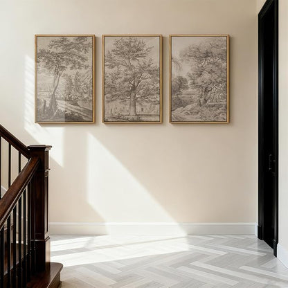 Anyzal Large Vintage Tree Sketchbook Wall Art 16x24 Inch Framed Neutral Forest Landscape Minimalist Woodsy Artwork for Living Room Bedroom Office Set of 3