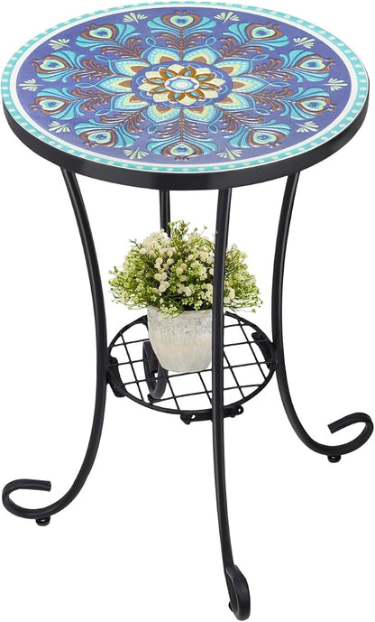 VCUTEKA Outdoor Side Table Mosaic Patio Table Accent Tables Mosaic Tile Top Metal Frame Small End Tables Porch Beach Patio Garden Balcony Peacock Feather 14''