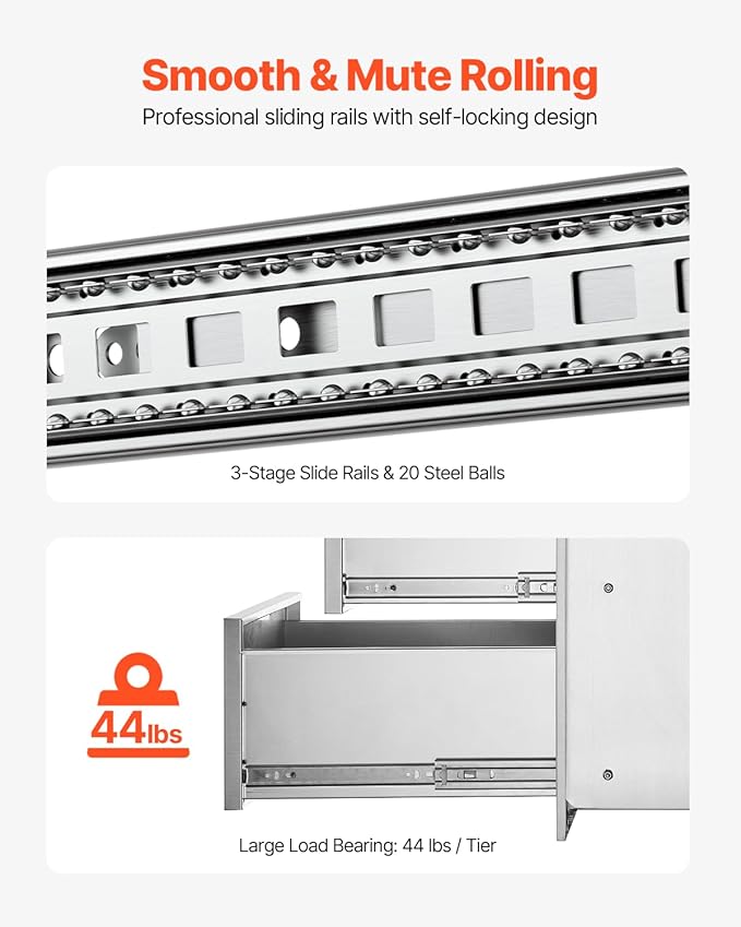 VEVOR Outdoor Kitchen Drawer Cabinets 16" W x 21.5" H x 18" D, BBQ Drawer Stainless Steel, Flush Mount Triple Access, with Handle, BBQ Island, Outdoor Grill Patio Grill Station