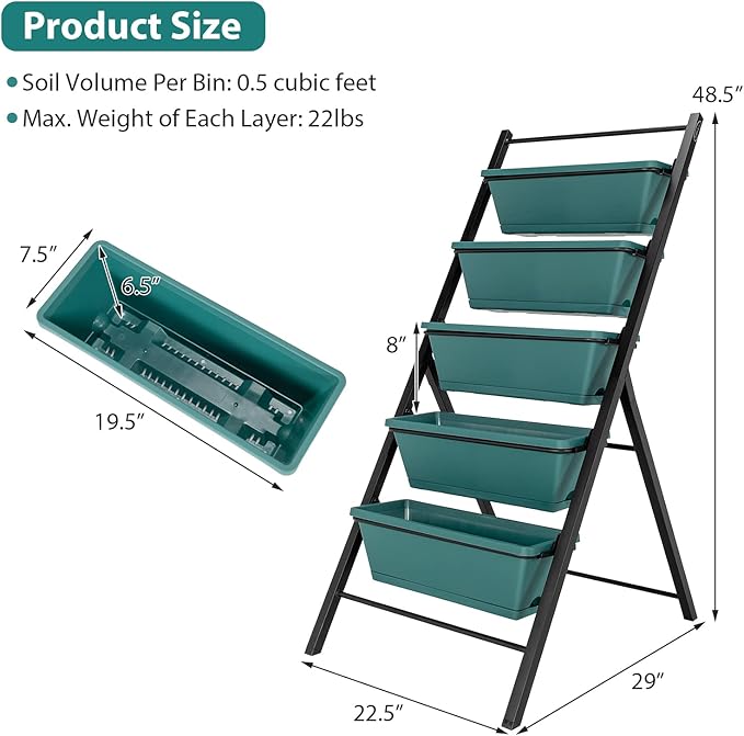 Giantex Vertical Planter Raised Bed, Elevated Garden Beds with Water Drainage Hole, Freestanding 5 Container Boxes for Herb Vegetables Flowers Growing, Outdoor Indoor Patio Balcony (Green, 1)