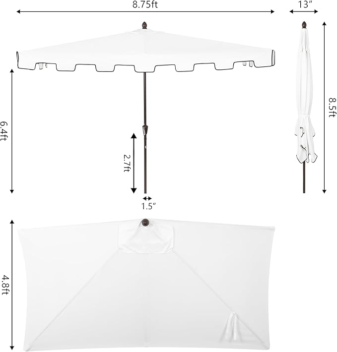 JONATHAN Y Half Umbrella UMB1200D Sidney 9 ft. Classic MidCentury Rectangular Market Patio with Crank, Wind Vent and UV Protection in White/Black