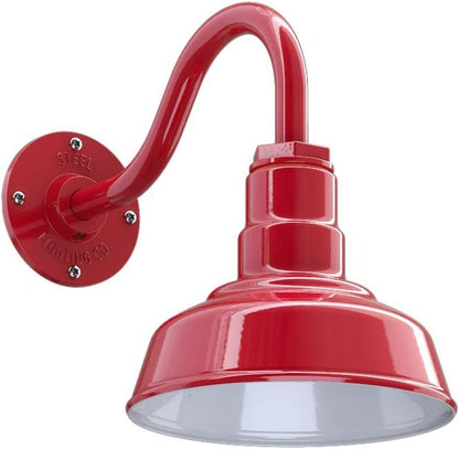 Steel Lighting Co. | Dusk to Dawn | Hawthorne Barn Light | Outdoor Wall Mounted | 8 in Dome | 11 inch Gooseneck| Small Farmhouse Light Made in America | Red Exterior/White Interior