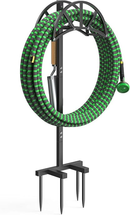 Mr IRONSTONE Garden Hose Holder Freestanding with 4 Spikes, Upgraded Water Hose Holder with Stainless Steel Screws, Heavy Duty Hose Stand Holds (Black)