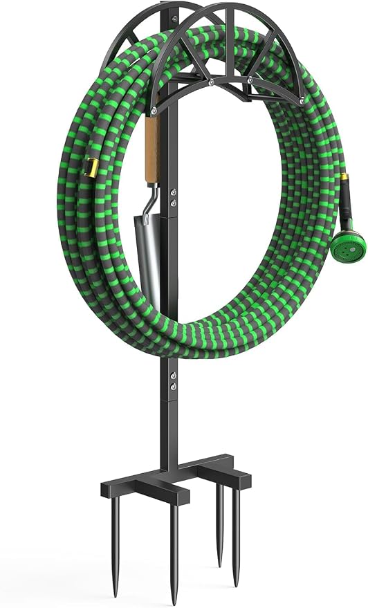Mr IRONSTONE Garden Hose Holder Freestanding with 4 Spikes, Upgraded Water Hose Holder with Stainless Steel Screws, Heavy Duty Hose Stand Holds (Black)