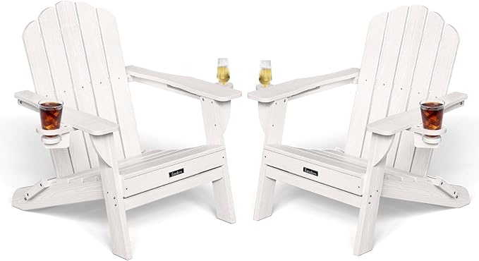Adirondack Chairs Set of 2, Wood Texture Fire Pit Chairs, Plastic Adirondack Chairs with 2 Cup Holder, Outdoor Lawn Chair for Patio Garden, White