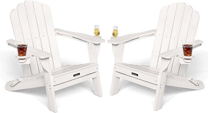 Adirondack Chairs Set of 2, Wood Texture Fire Pit Chairs, Plastic Adirondack Chairs with 2 Cup Holder, Outdoor Lawn Chair for Patio Garden, White