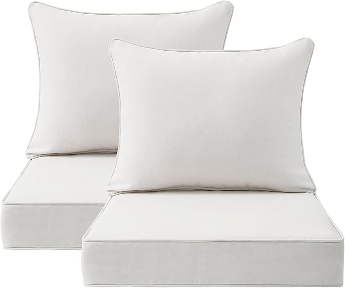 Outdoor Patio Chair Cushions Set, 24" x 24", Set of 2, Water-Repellent, Fade Resistant, Deep Seat Bottom and Back Cushion for Backyard, Couch, Sofa and Patio Furniture, Linen