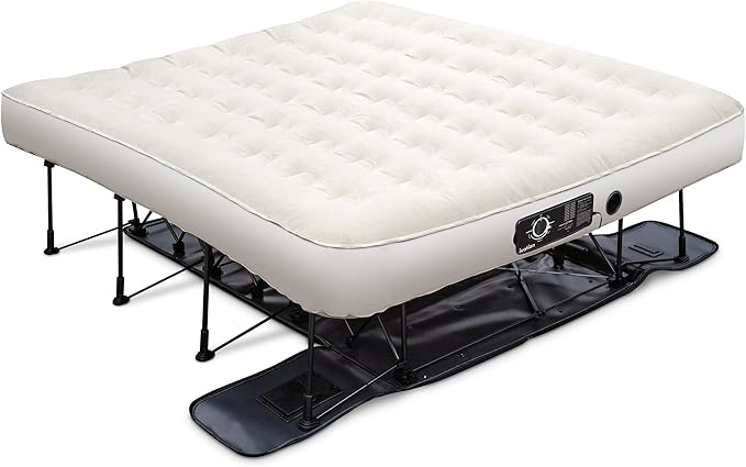 Ivation EZ®-Bed (King) Inflatable Air Mattress with Frame & Rolling Case, Built-in Deflate Defender™ Dual Pump Technology - 3 Min Self Inflate/Deflae Raised Blow up Bed on Legs, Premium Coil Design