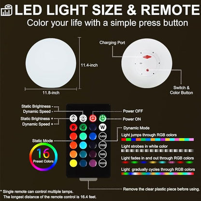 12-inch LED Glowing Ball Light w/Remote, LED Globe Orb Night Light Mood Lamp for Adult, Rechargeable Dimmable RGB Color Changing Glowing Orb, Waterproof Light Up Ball for Garden Patio Party Decor