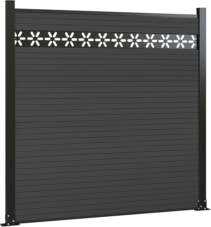 6 Feet×6 Feet Privacy Fence, Outdoor Wood Plastic Composite Fence Panel, Waterproof Security Barriers Fencing, WPC (Black, Floral (1 Panel - 2 Post))