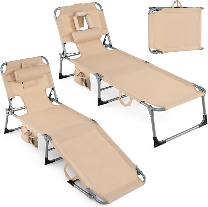 Goplus Tanning Chair, Folding Adjustable Patio Lounge Chair with Face Hole, Removable Pillow, 330LBS, Carry Strap, Outdoor Sunbathing Chair, Lightweight Portable Beach Lounge Chair, No Assembly