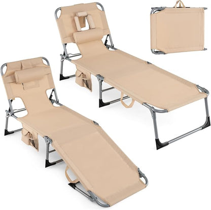Goplus Tanning Chair, Folding Adjustable Patio Lounge Chair with Face Hole, Removable Pillow, 330LBS, Carry Strap, Outdoor Sunbathing Chair, Lightweight Portable Beach Lounge Chair, No Assembly