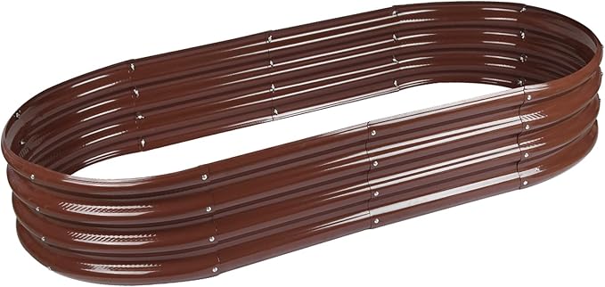 Rakukiri Raised Garden Bed GRS Certified Galvanized Planter Box Outdoor, 5ft Oval Rot-Resistant Metal Garden Bed Planter, Recycled Material Planter for Vegetables Flowers Herbs (Brown)