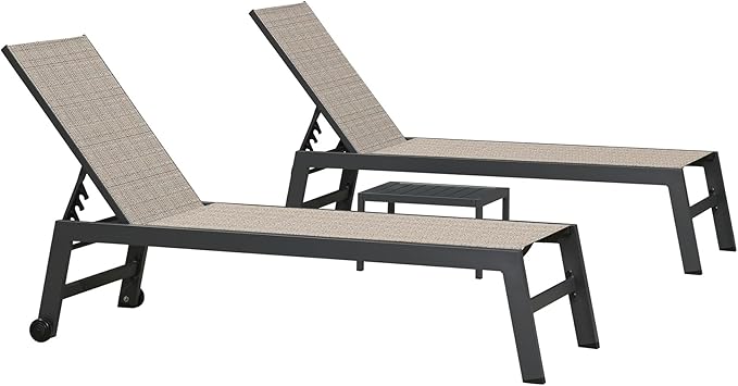PURPLE LEAF Patio Chaise Lounge Set 2 Pieces Textilene Pool Lounge Chairs with Wheels Sunbathing Chair for Outdoor Yard (2 Camel Lounges W/Side Table)