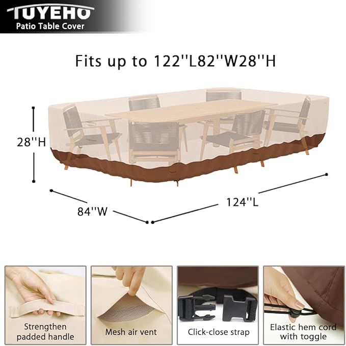 Tuyeho Patio Furniture Set Cover 124 x 84 x 28 inch, Heavy Duty Oxford Fabric Outdoor Dining Set Cover, Waterproof & Weather Resistant, for Your Outdoor Rectangular Table and Chairs (Beige & Brown)