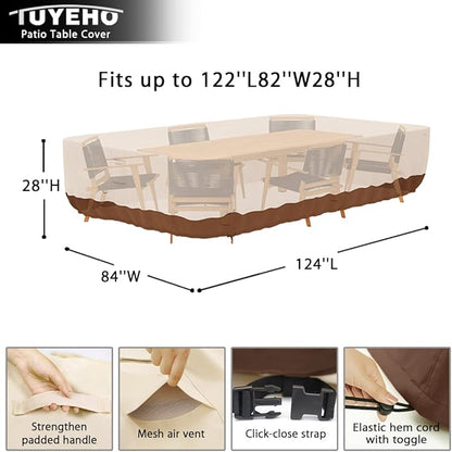 Tuyeho Patio Furniture Set Cover 124 x 84 x 28 inch, Heavy Duty Oxford Fabric Outdoor Dining Set Cover, Waterproof & Weather Resistant, for Your Outdoor Rectangular Table and Chairs (Beige & Brown)