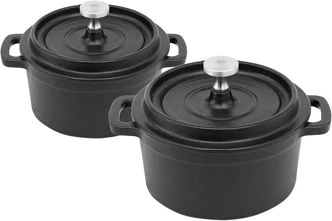 Flavehc Mini Cocotte 8 oz Pre-Seasoned Mini Dutch Oven 0.25 qt. Cast Iron Garlic Roaster for Oven Garlic Confit Pot Ramekins with Lids Oven Safe Set of 2