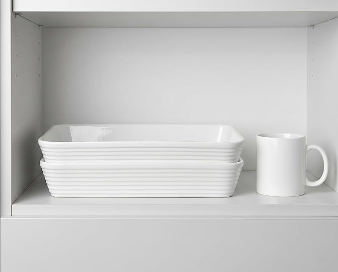 ONEMORE Ceramic Baking Dish, 9x13 Baking Pan Casserole Dish Large Rectangular Baking Dishes for Oven Deep Dish Lasagna Pan for Family Meals Ribbed White Bakeware for Roasting & Serving