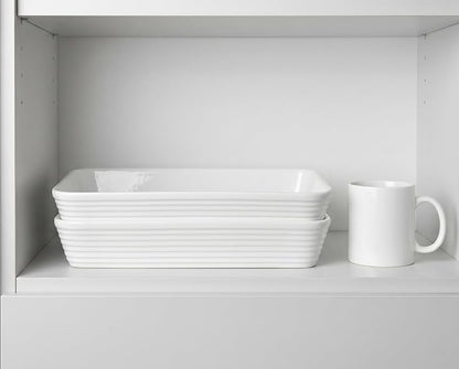 ONEMORE Ceramic Baking Dish, 9x13 Baking Pan Casserole Dish Large Rectangular Baking Dishes for Oven Deep Dish Lasagna Pan for Family Meals Ribbed White Bakeware for Roasting & Serving