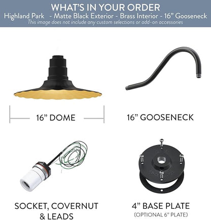 Steel Lighting Co. Highland Park Barn Light | Outdoor Wall Mounted | 16 inch Radial Wave | 16 inch Gooseneck | Vintage Style Made in America | Matte Black Exterior/Brass Interior