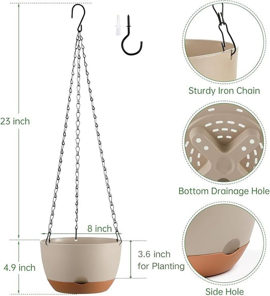 Set of 2 Hanging Planters for Indoor Outdoor Plants, 8 Inch Self-Watering Hanging Flower Pots with Drainage Hole & Removable Water-Storage Tray (Hooks)