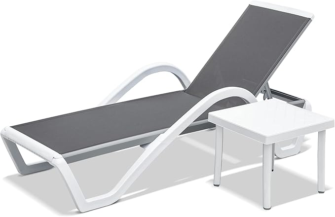 Domi Patio Chaise Lounge Outdoor Lounge Chair Adjustable Aluminum Pool Lounge Chair with Armrests, Side Table, All Weather Poolside Lounger for Deck, Lawn, Garden, Gray