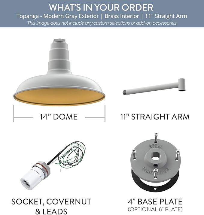 Steel Lighting Co. Topanga Barn Light | Outdoor Wall Mounted | 14 inch Dome | 11" Straight Arm | Farmhouse Garage Light Made in America | Modern Gray Exterior/Brass Interior