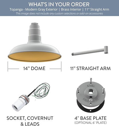 Steel Lighting Co. Topanga Barn Light | Outdoor Wall Mounted | 14 inch Dome | 11" Straight Arm | Farmhouse Garage Light Made in America | Modern Gray Exterior/Brass Interior