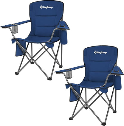 KingCamp Oversized Heavy Duty Camping Chairs 2 Pack, Padded Compact Folding Portable Chair with Cooler Cup Holder Side Pocket for Outdoor Sports Lawn Backyard Backpack Supports 300 lbs, Blue