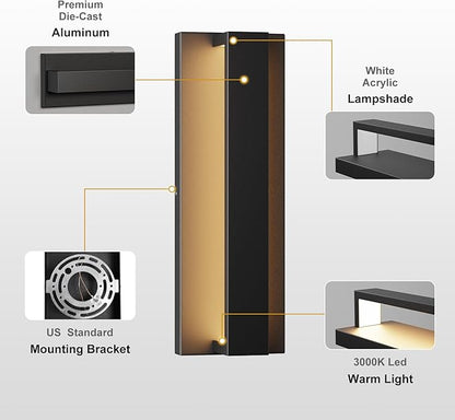 15.7 Inches Outdoor Modern Led Wall Light,16W 3000K Porch & Patio Light,IP65 Waterproof Aluminum Hardwired Sconces for House Exterior Garage Yard Corridor Garden(Black,1 Pack)