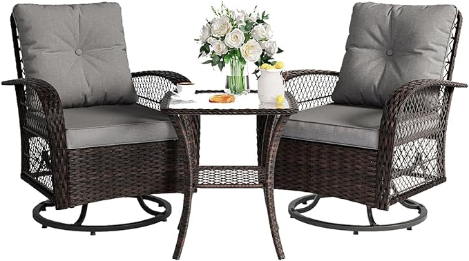 3 Pieces Patio Furniture Set, Outdoor Swivel Glider Rocker, Wicker Patio Bistro Set with Rocking Chair, Thickened Cushions and Table for Porch (Grey)