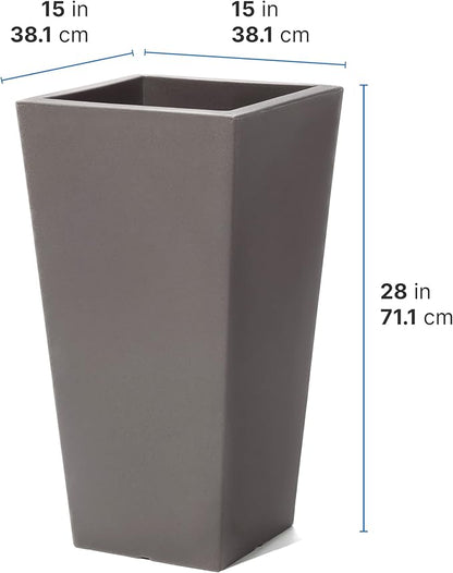 Step2 Tremont Tall Square Tapered Planter, Large Planters for Outdoor Plants, Gardening and Flower Pot for Patio or Porch, Efficient Drainage, Durable Plastic, Dark Cedar, 2-Pack
