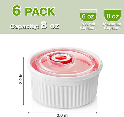 Mfacoy Ramekins with Lids Set of 6, 8 oz Porcelain Creme Brulee Souffle Ramekins with Covers, White Pudding Custard Cups Ramiken for Baking, Small Bowls for Sauces Dessert, Dishwasher and Oven Safe
