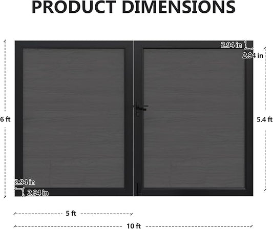 Wood Plastic Privacy Double Fence Gate 6ft(H) x 10ft(W), Metal Frame with Knob Kits, Durable Composite Outdoor Gate,Silver Gray