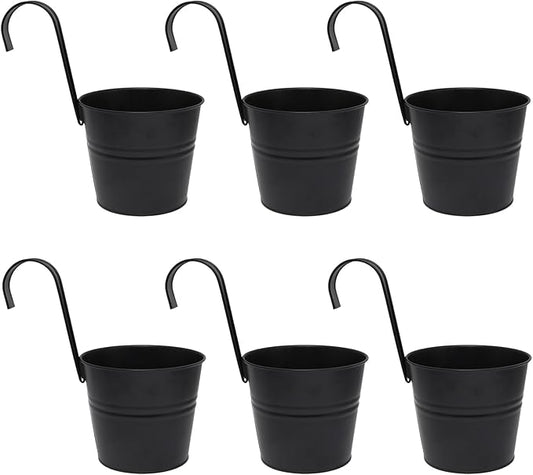 6 Pcs Hanging Flower Pots with Detachable Hooks,Metal Iron Bucket Planter for Railing,Fence,Balcony Garden Decor,6INCH,Black