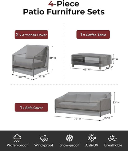 loriano Patio Furniture Cover Set, 4 Piece Outdoor Furniture Cover Waterproof, 600D Heavy Duty Lawn Patio Set Covers (Large, Grey)