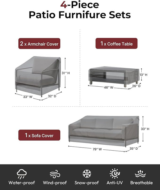 loriano Patio Furniture Cover Set, 4 Piece Outdoor Furniture Cover Waterproof, 600D Heavy Duty Lawn Patio Set Covers (Large, Grey)